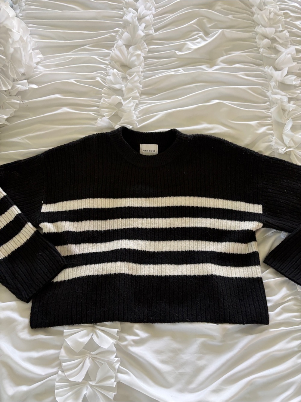 Pink Rose Black and White Striped Crew Sweater